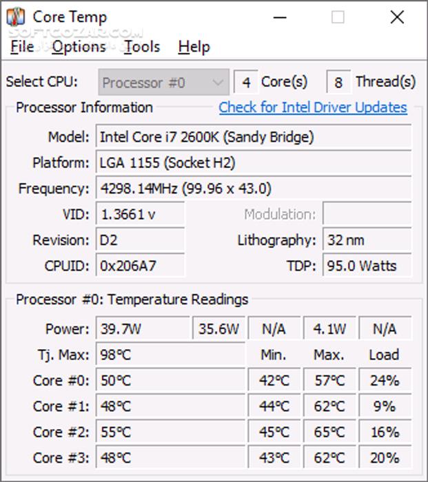 دانلود Core Temp 1.19.5.69 - دانلود نمایش دمای سی پی یو - سافت گذر