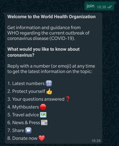 ویروس کرونا کرونا سازمان بهداشت جهانی واتس اپ WHO
