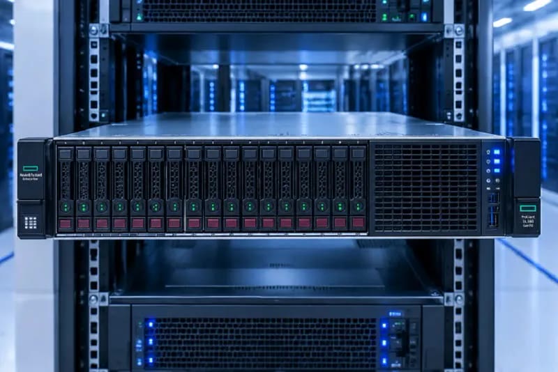 سرور HPE ProLiant DL380 Gen10 نصب شده در رک دیتاسنتر برای هوش مصنوعی